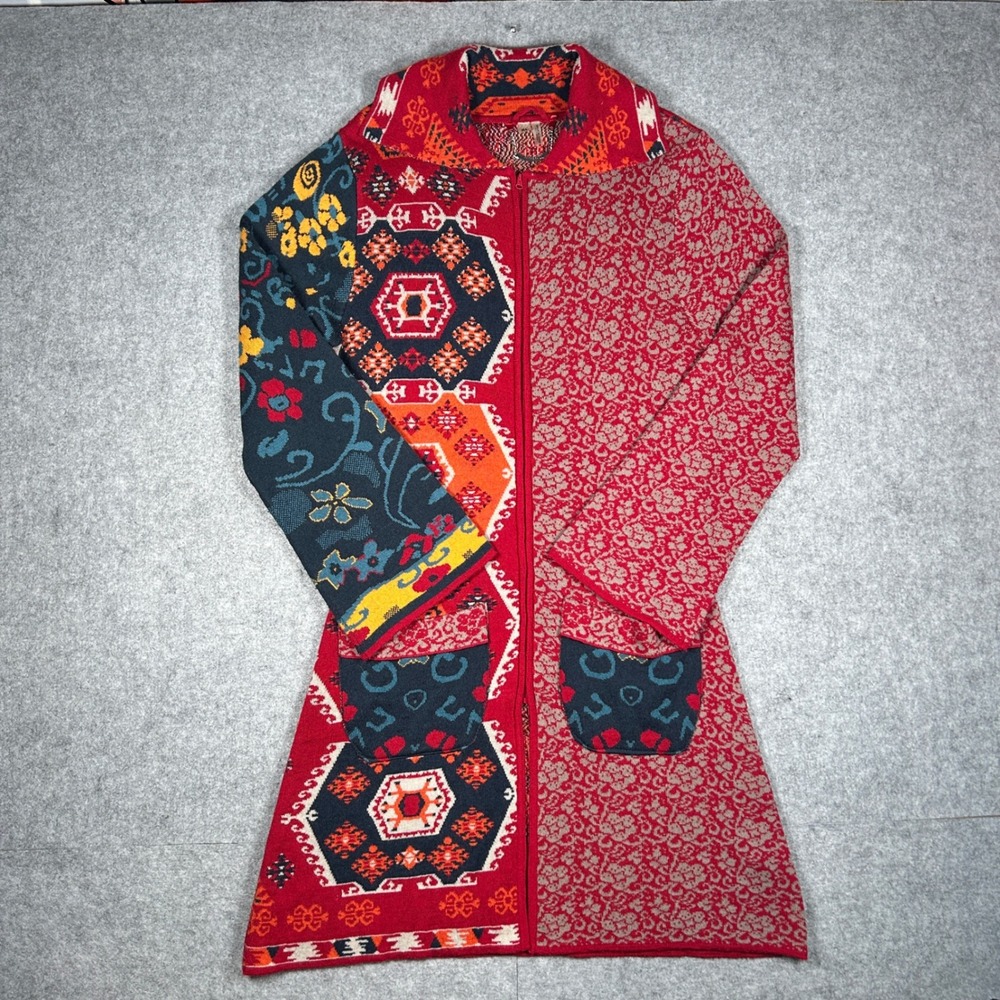 Paparazzi Cardigan Sweater Womens XL‎ Red Mixed Print Wool Blend Boho full zip